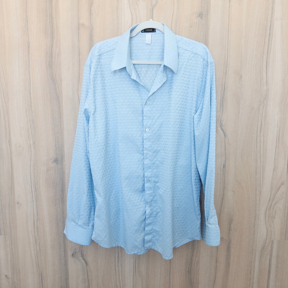 Vintage Versace Mens Button Down Shirt XL Blue Geometric Jacquard Long Sleeve